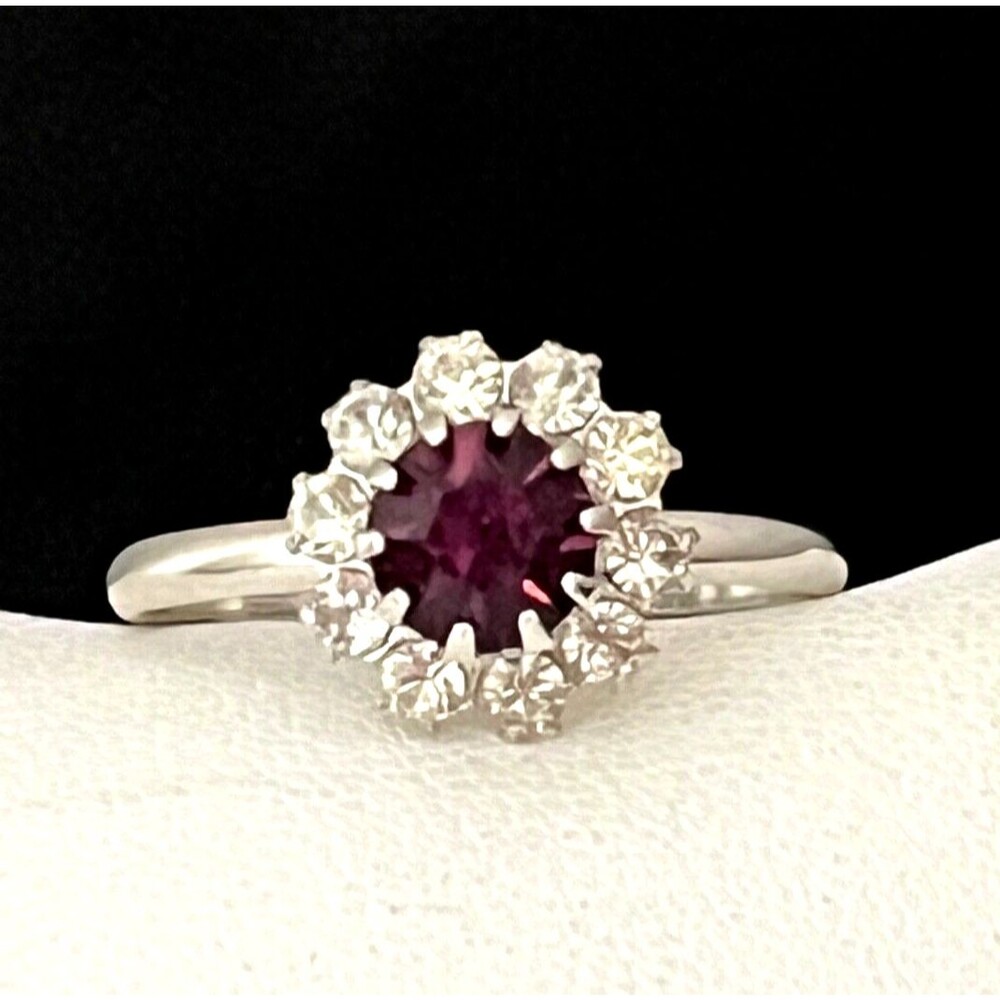 Vintage 1960s Floral Ring Silver Tone Rhinestones Mid Century Modern - 4J